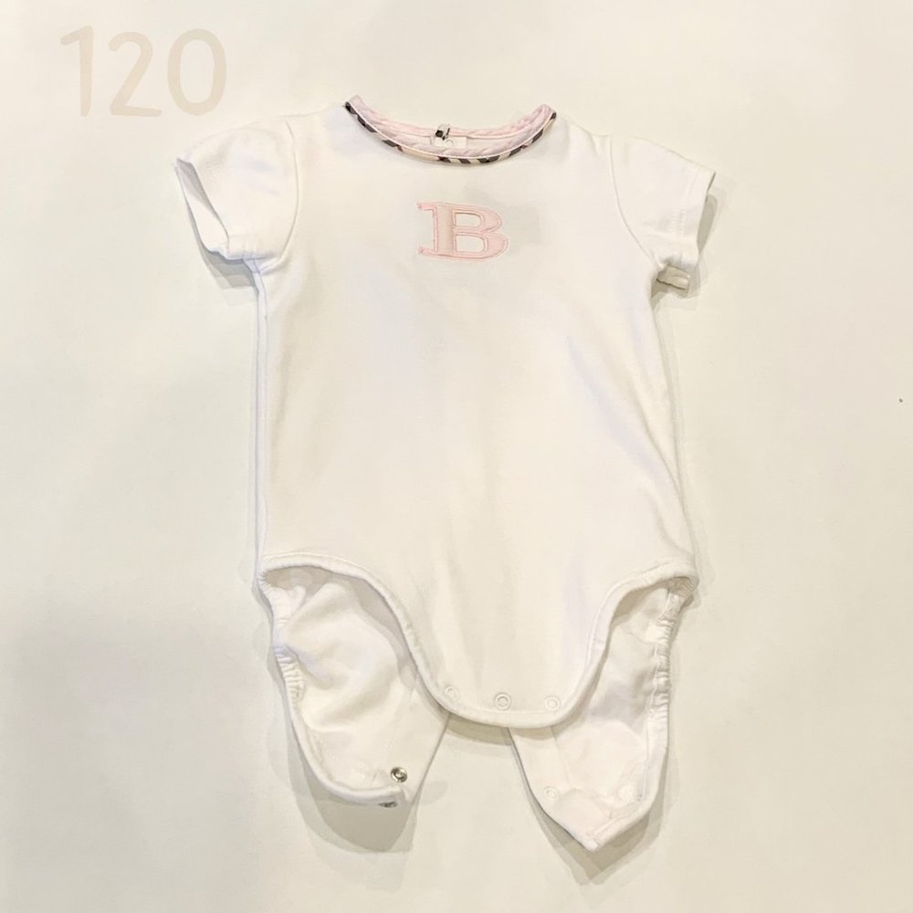 Burberry White Onesie Bodysuit with Pink Embroidered B and Check Trim - Size 6M